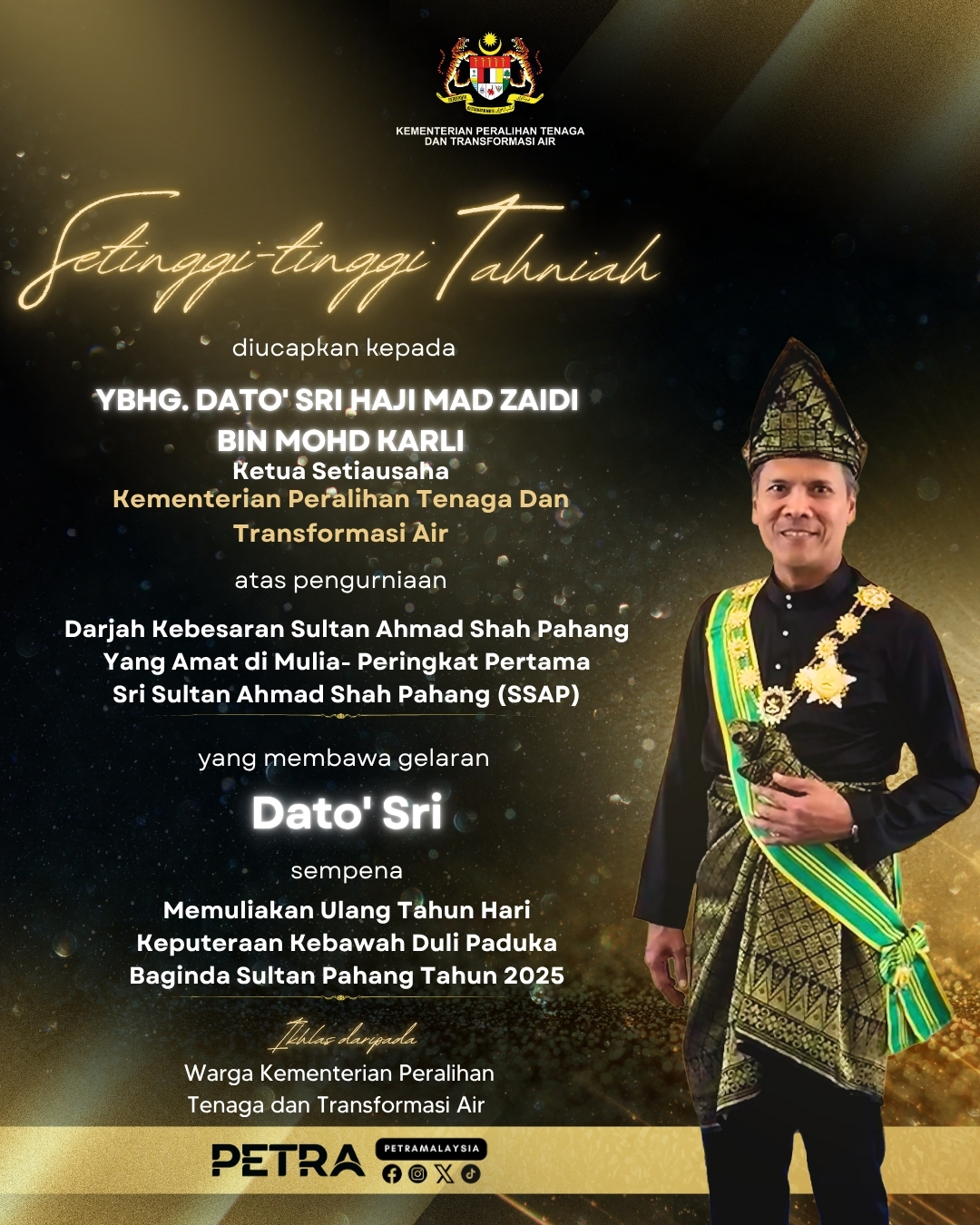 Pengurniaan Darjah Kebesaran Sultan Ahmad Shah Pahang Yang Amat di Mulia - Peringkat Pertama Sri Sultan Ahmad Shah Pahang (SSAP)